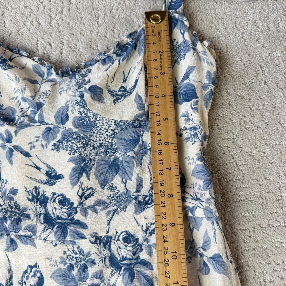 Reformation Juliette Dress Womens 6 Blue Wite Floral Bird Midi Tie Strap Smocked - Picture 12 of 14